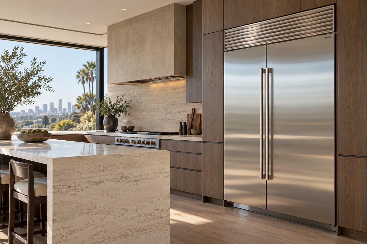 Luxury kitchen with built-in refrigerator and stainless steel appliances